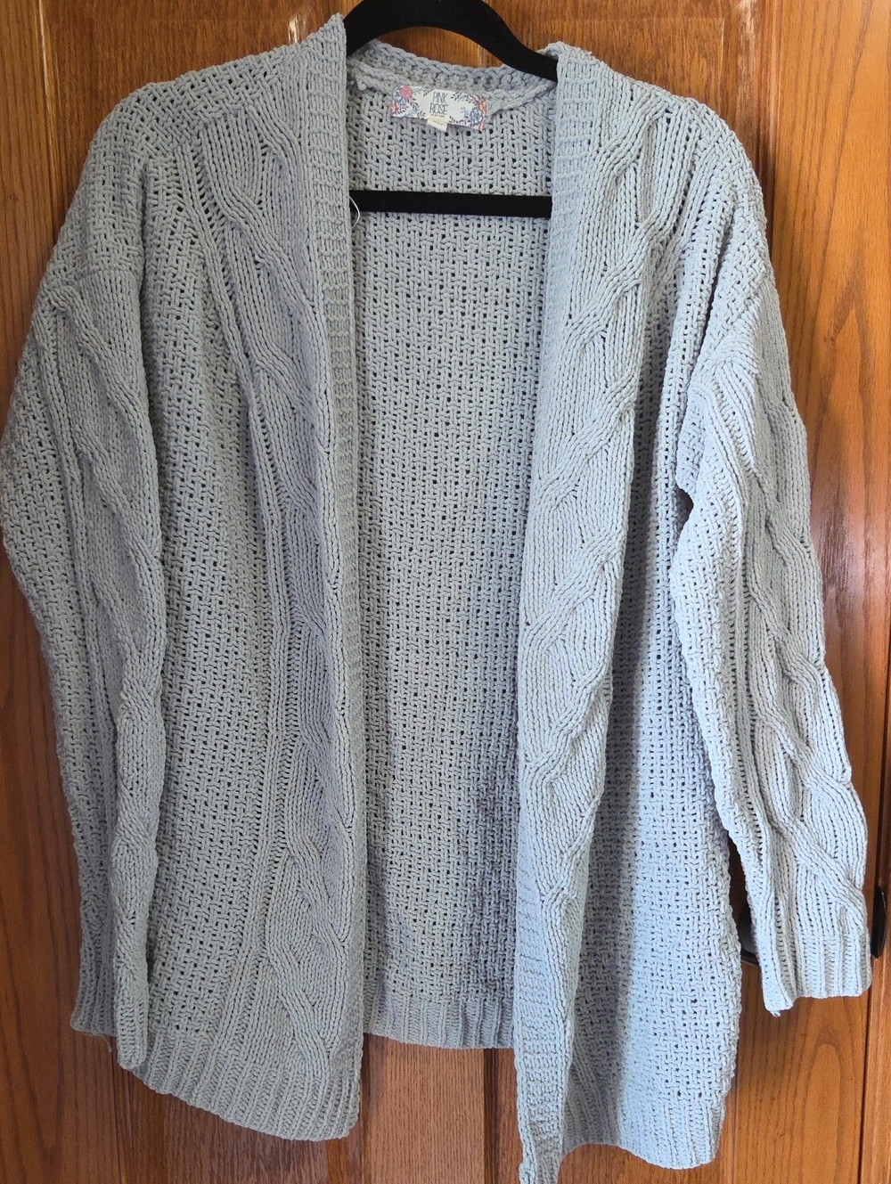 Pink Rose Light Gray Cable Knit Open-Front Cardigan